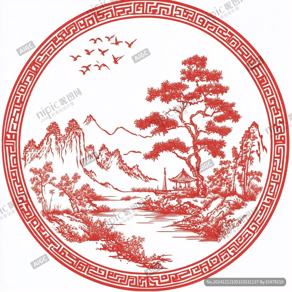 圓形手繪山水畫
