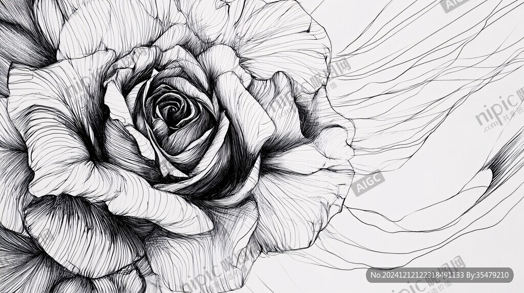 玫瑰花黑白線描畫