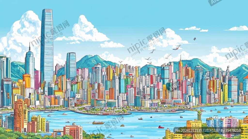 維多利亞港手繪插畫