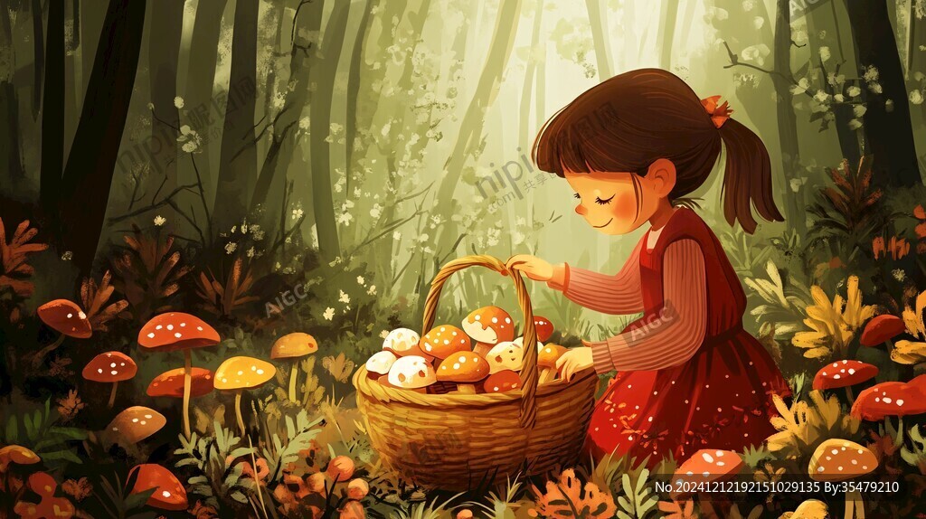 采蘑菇的小姑娘插畫
