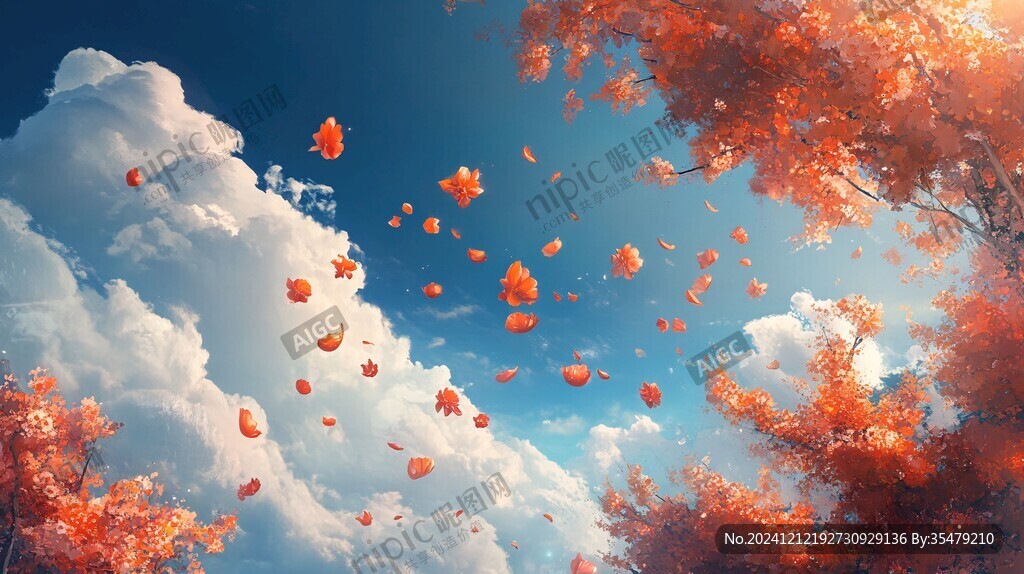 秋天紅葉藍天白云