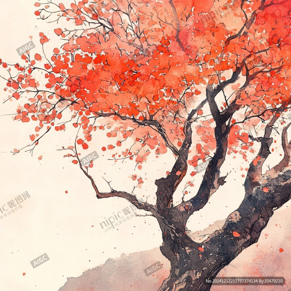 烏桕樹紅葉插畫