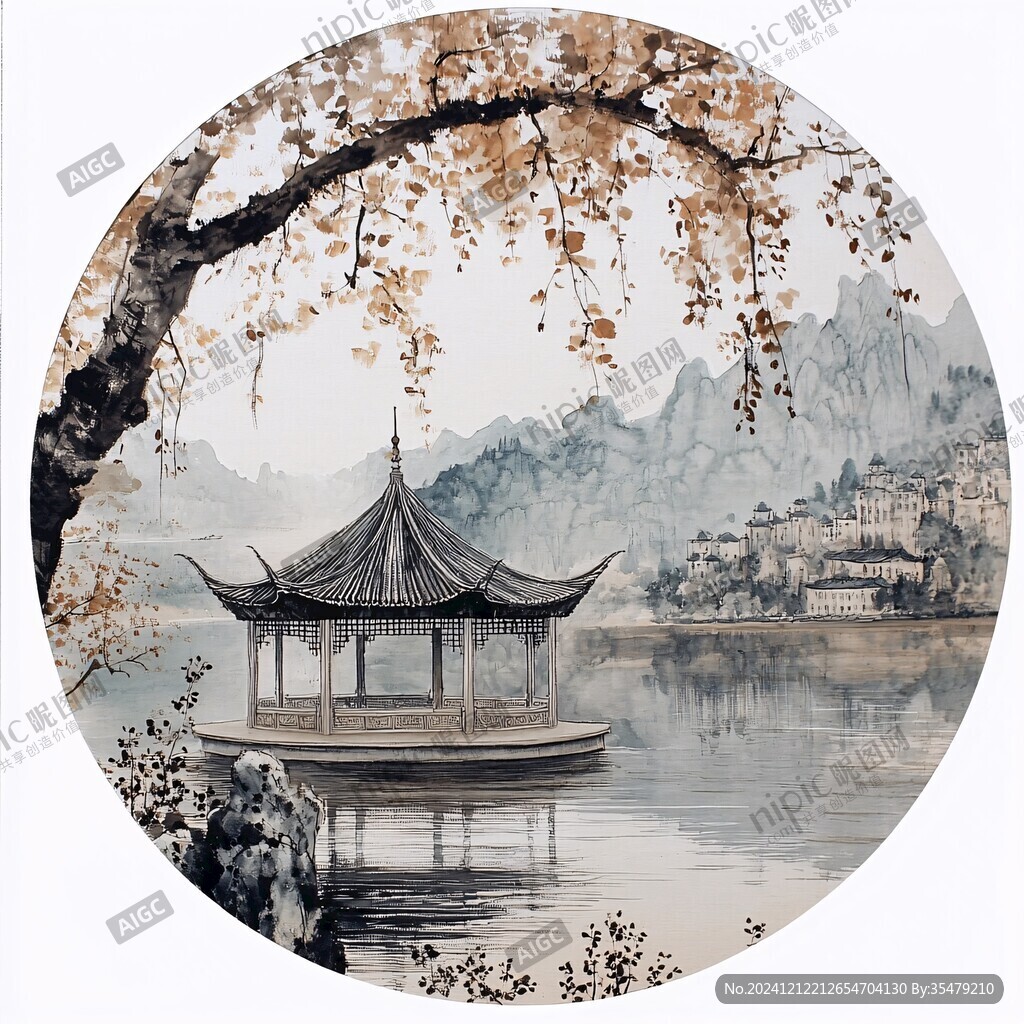 山水圓形掛畫