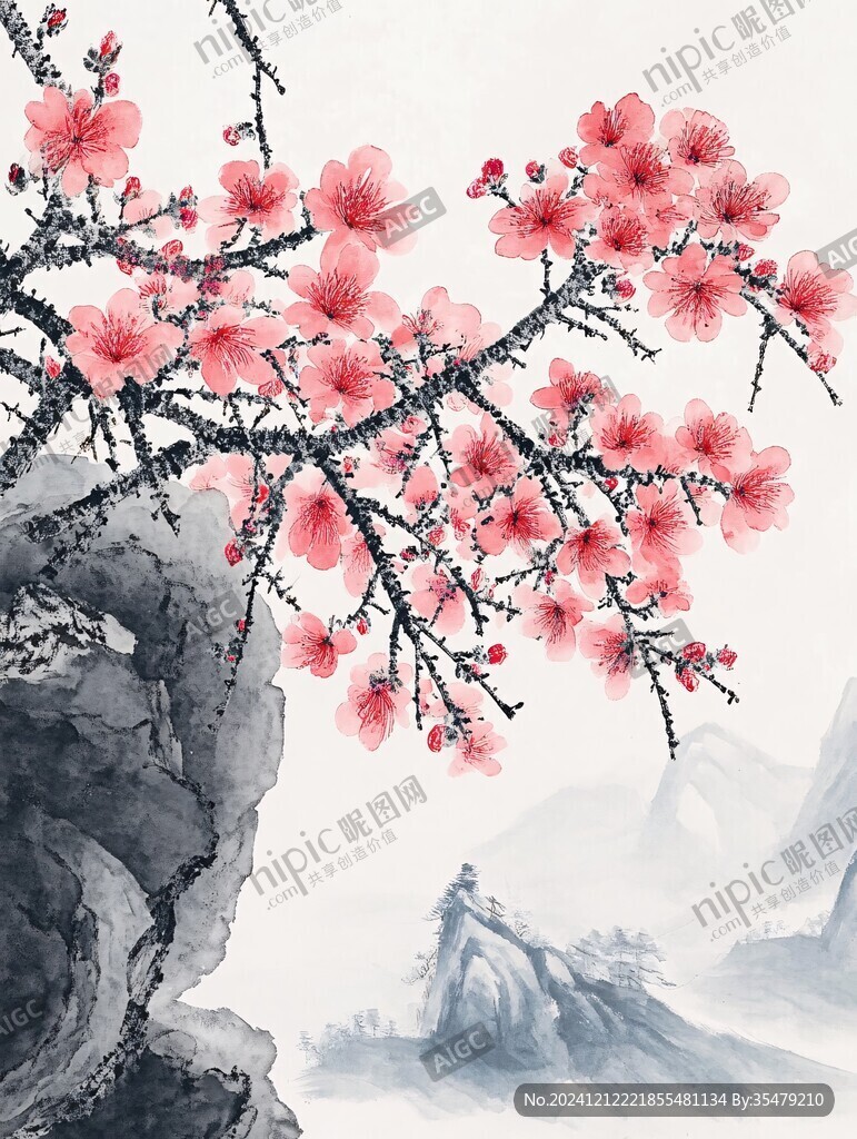 工筆紅梅山水畫
