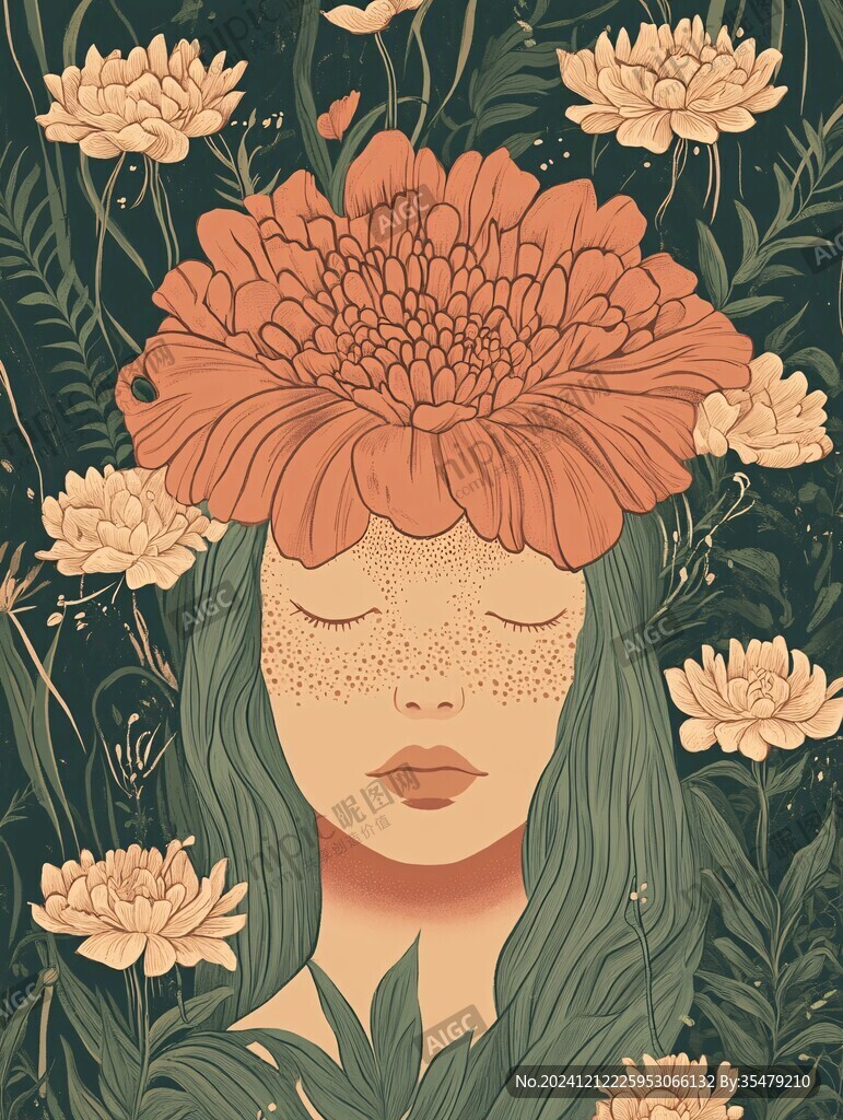 花叢女孩插畫