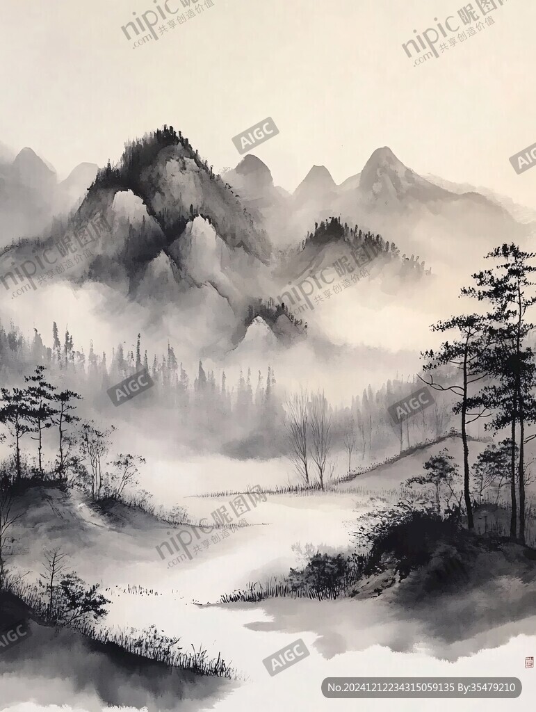 手繪風(fēng)景畫(huà)煙霧山水畫(huà)