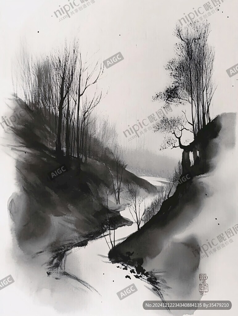 瀟灑枯筆水墨風景