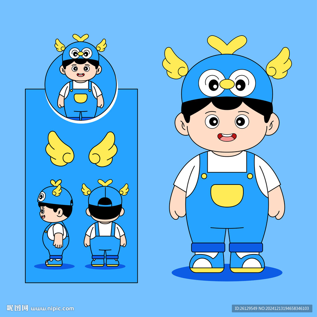 藍色背帶褲男孩三視圖