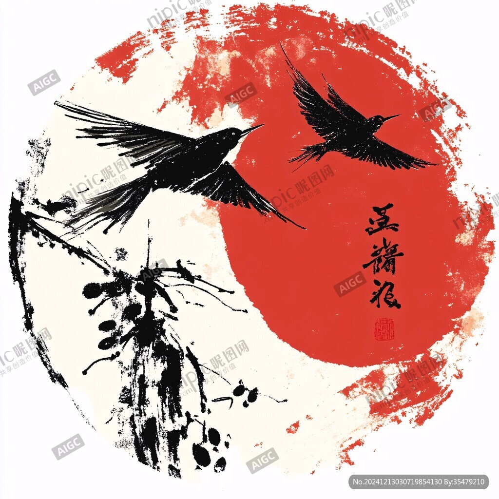 圓形水墨花鳥