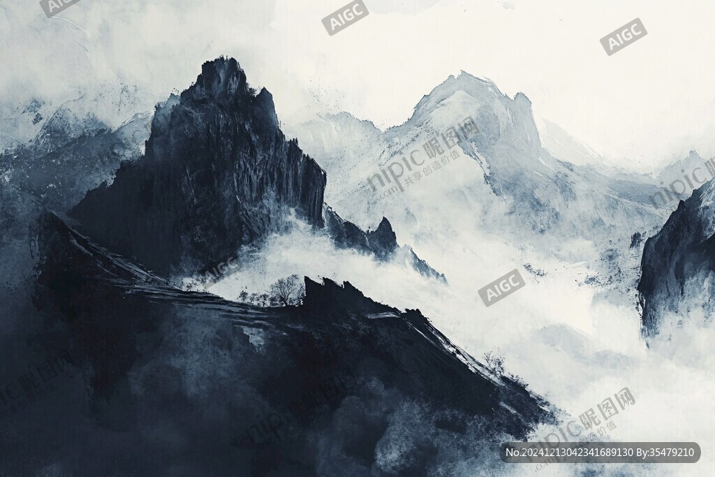 暈染墨跡禪境山峰