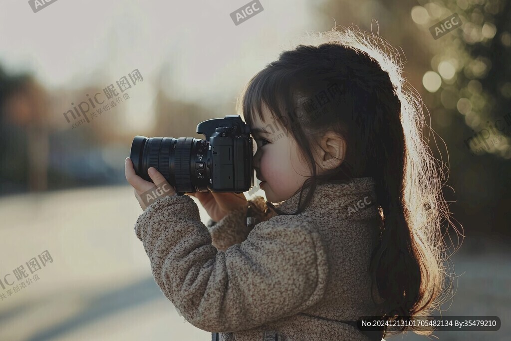 認真拍照的小女孩兒