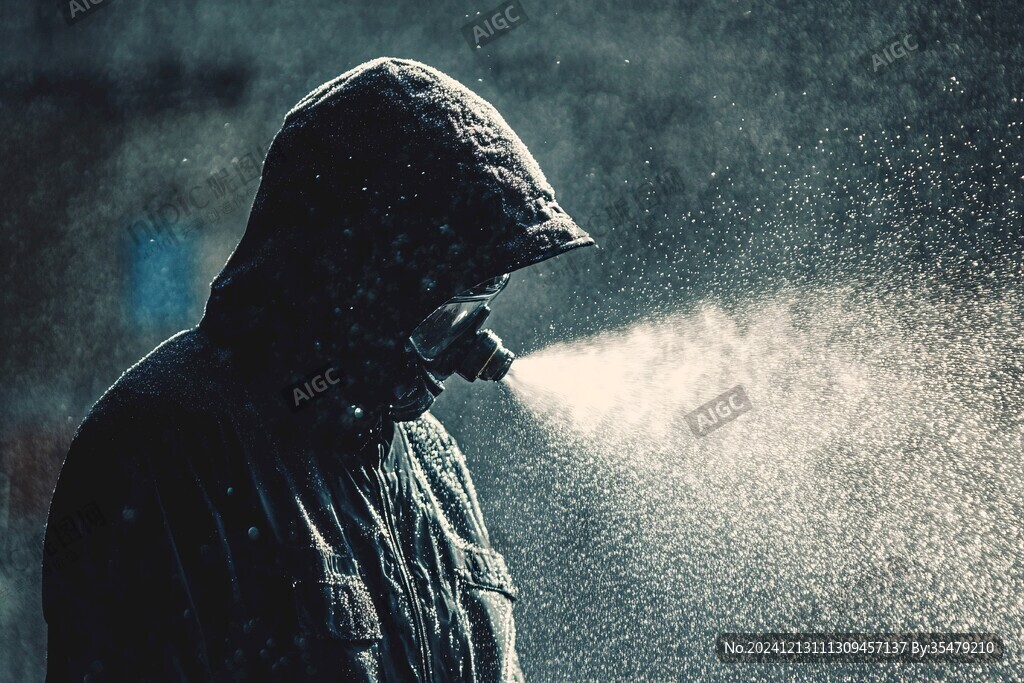 穿著雨衣被噴水的人