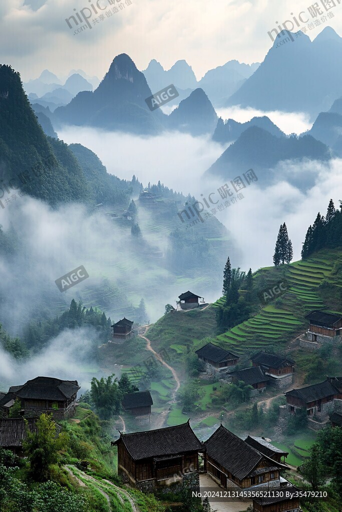 苗寨晨曦云霧