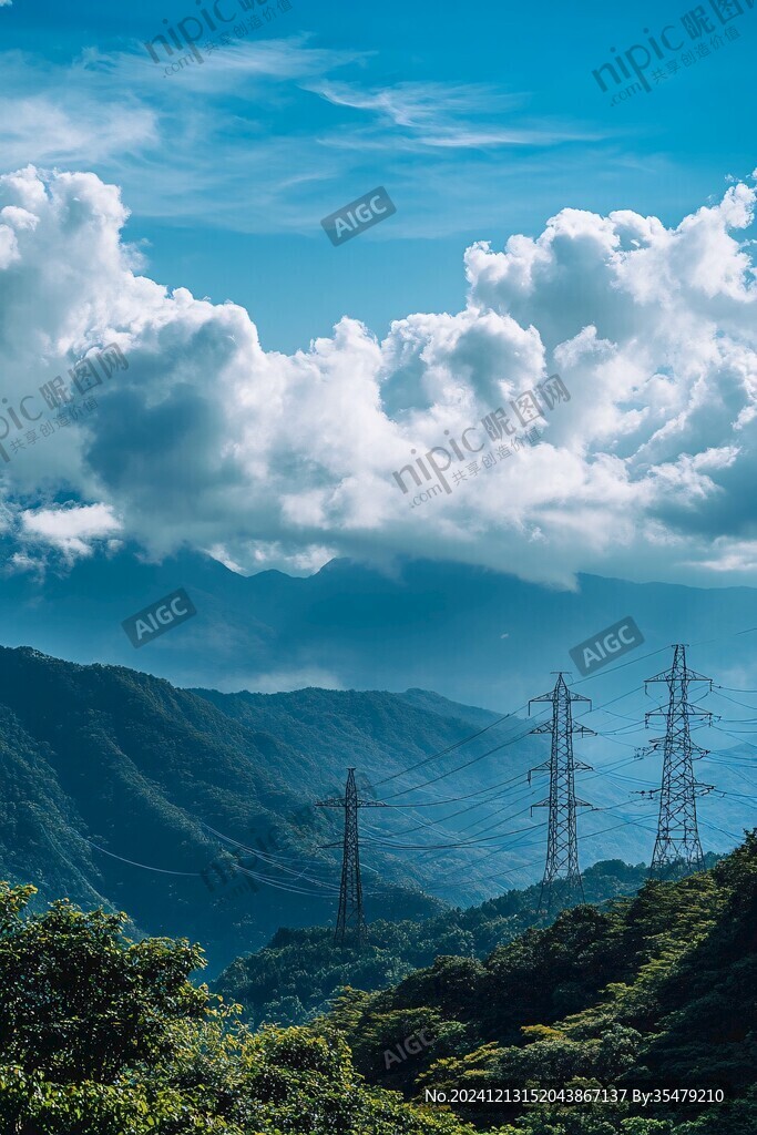 藍(lán)天白云高山電線塔