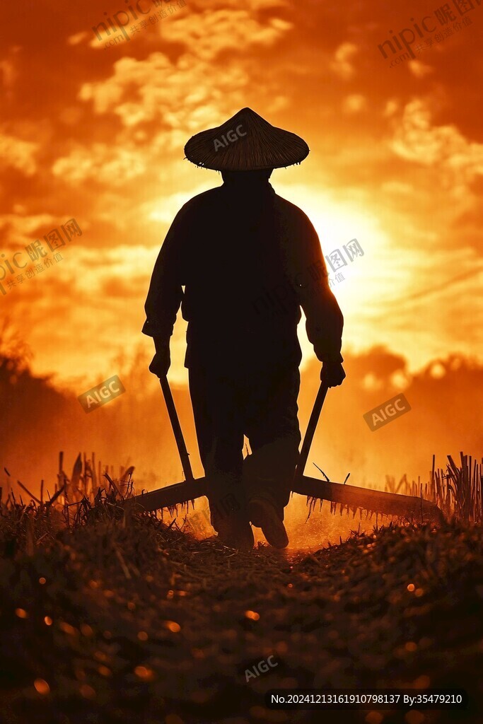 農(nóng)夫耕地鋤頭蓑衣