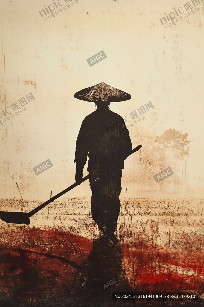 農(nóng)夫耕地鋤頭蓑衣