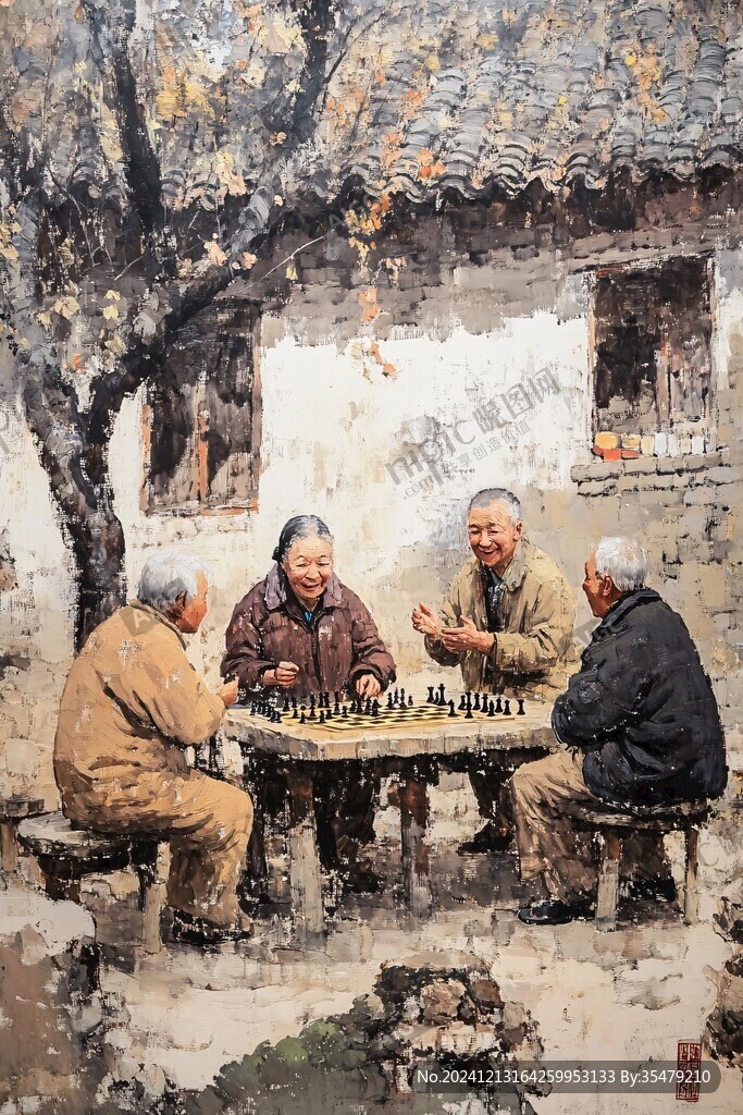 茶館場景油畫