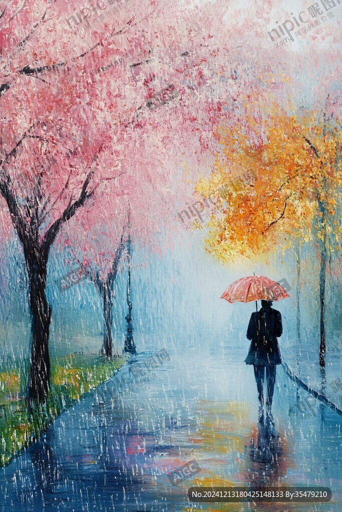 櫻花樹下的紅雨傘