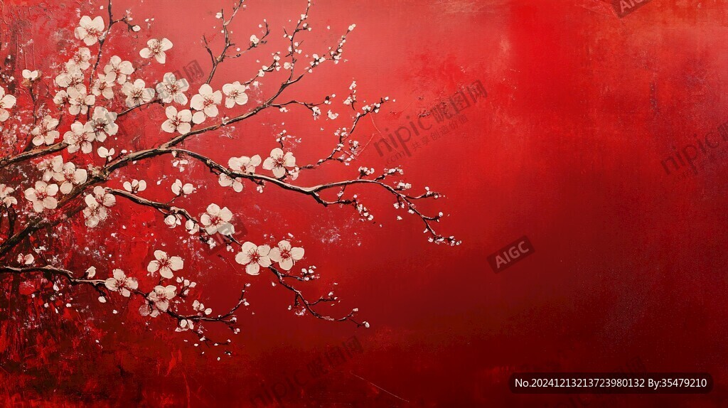 工筆手繪紅墻梅花