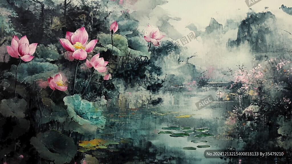 意境風(fēng)景畫水彩荷花