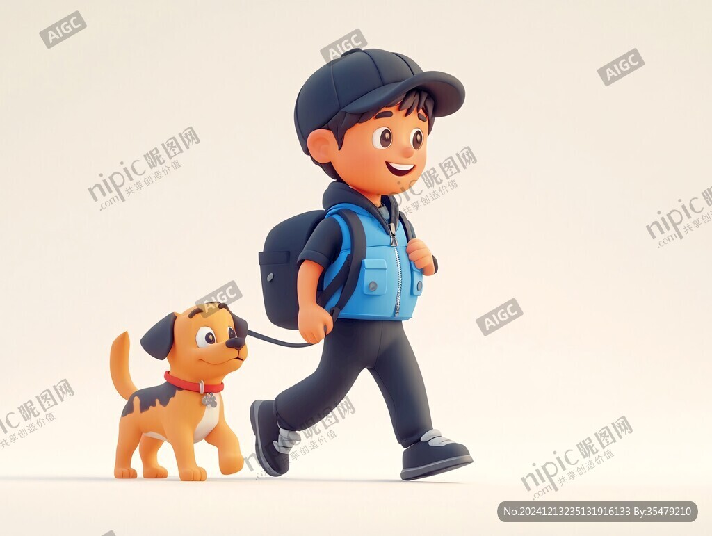 小孩牽狗插畫
