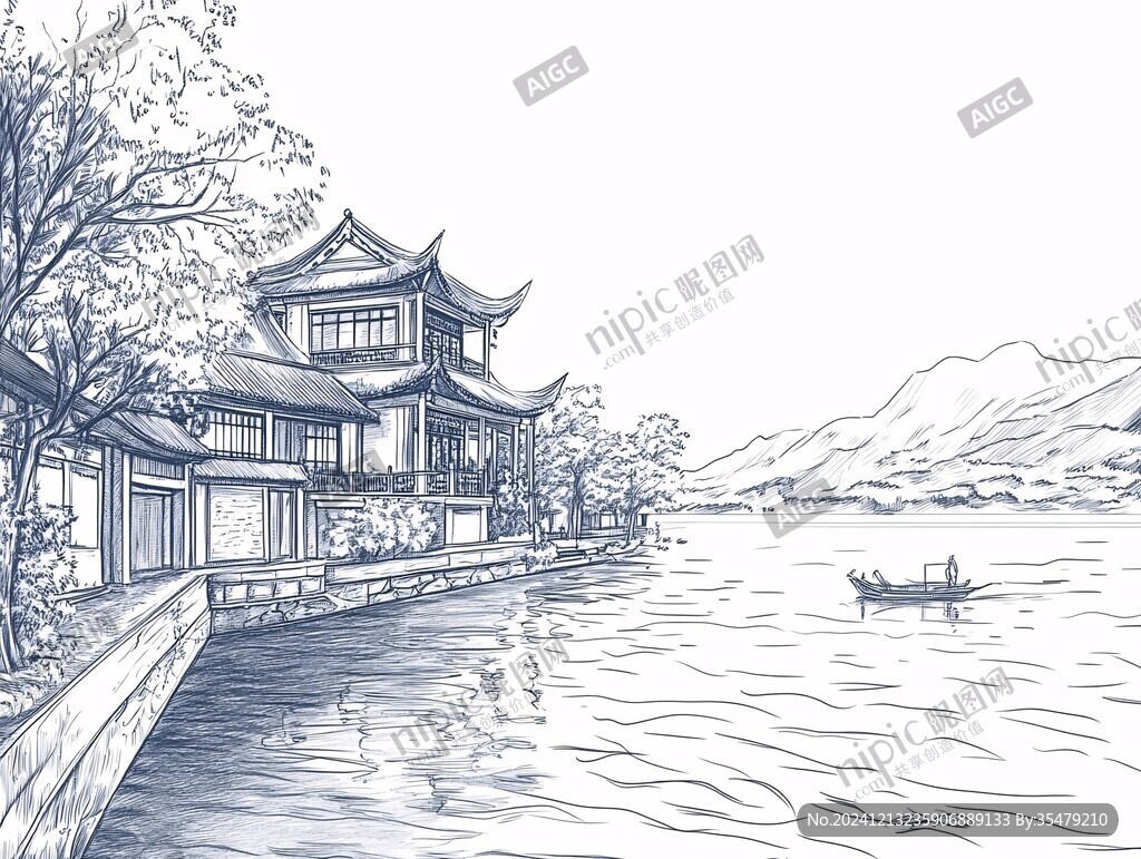 邛海插畫邛海手繪