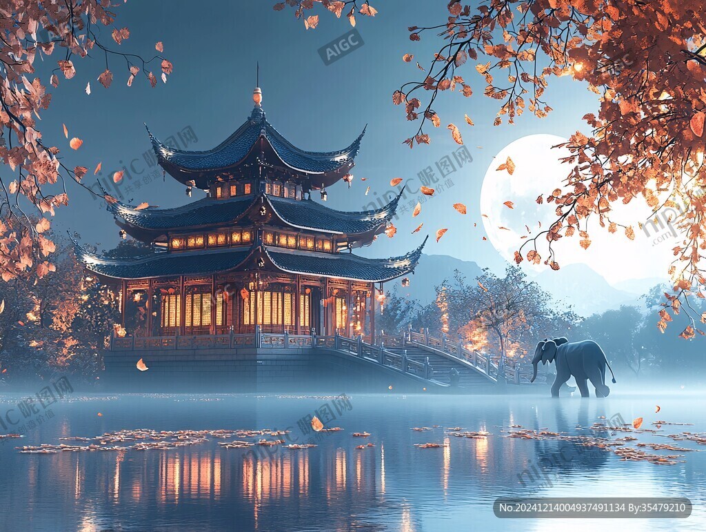 樓閣古風(fēng)仙鹿仙景