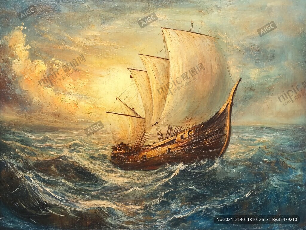揚帆踏浪油畫