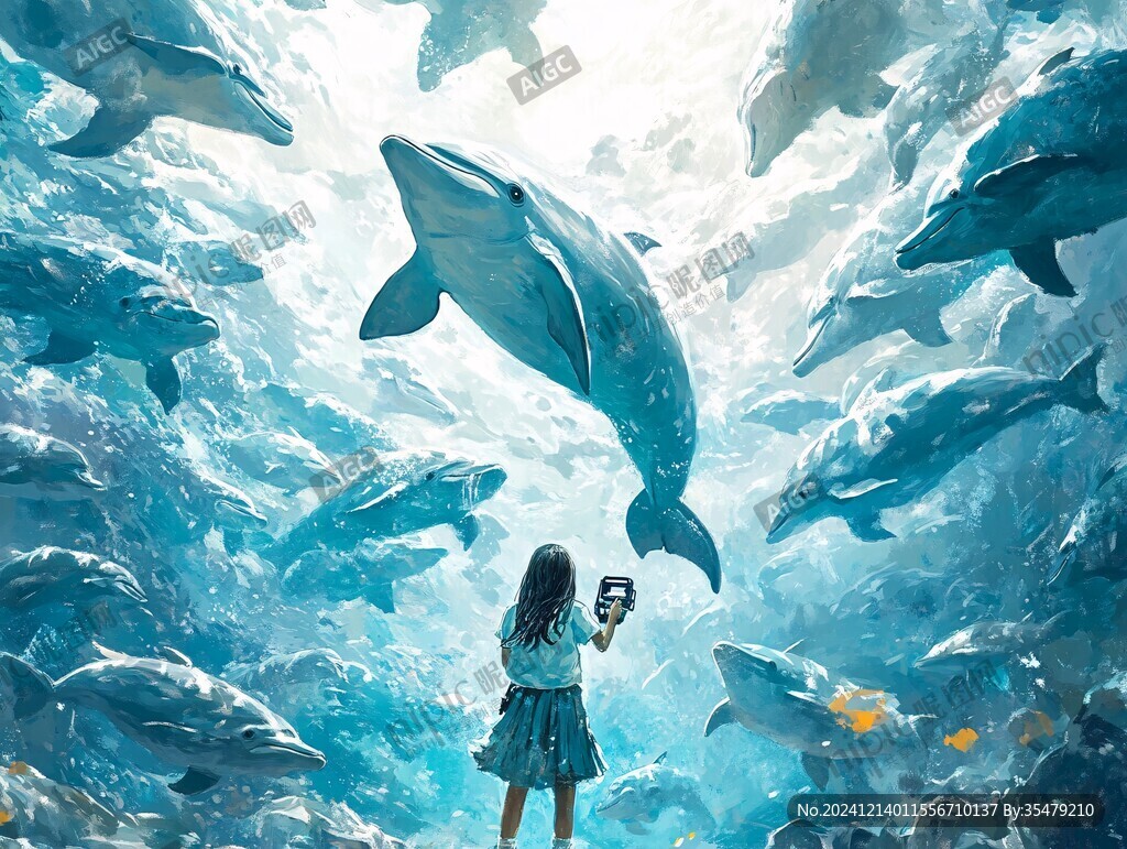 唯美插畫圖女孩與海豚