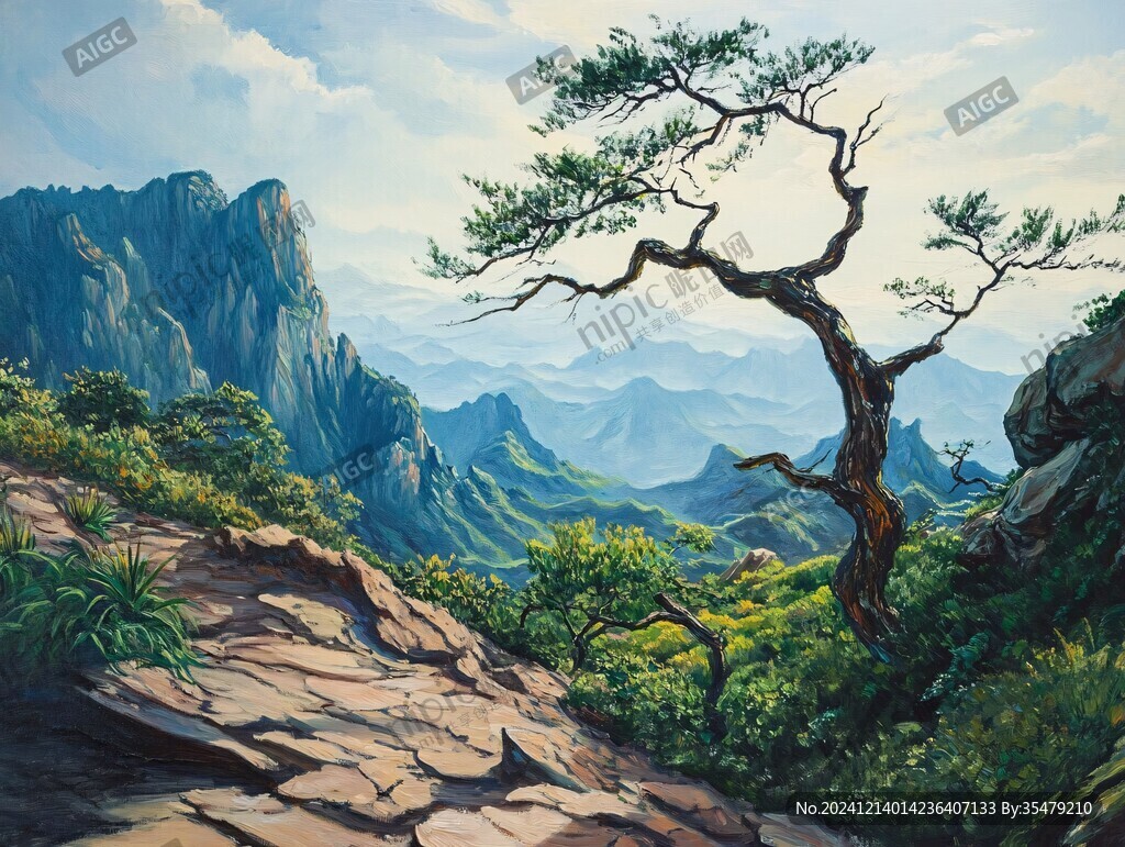 迎客松油畫
