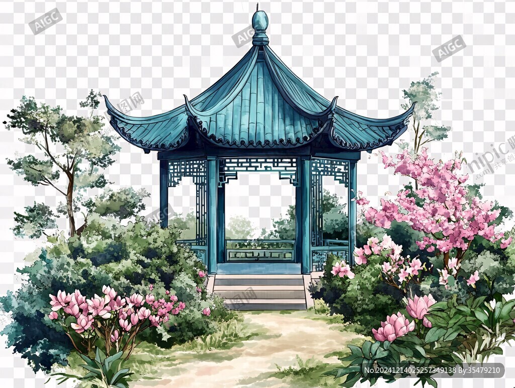 水榭樹木水彩畫