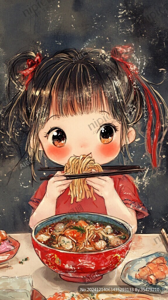 吃螺螄粉的女孩插畫