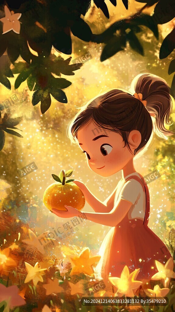 小女孩摘蘋果插畫