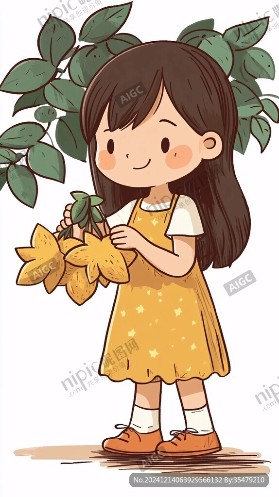 手繪采向日葵的小女孩