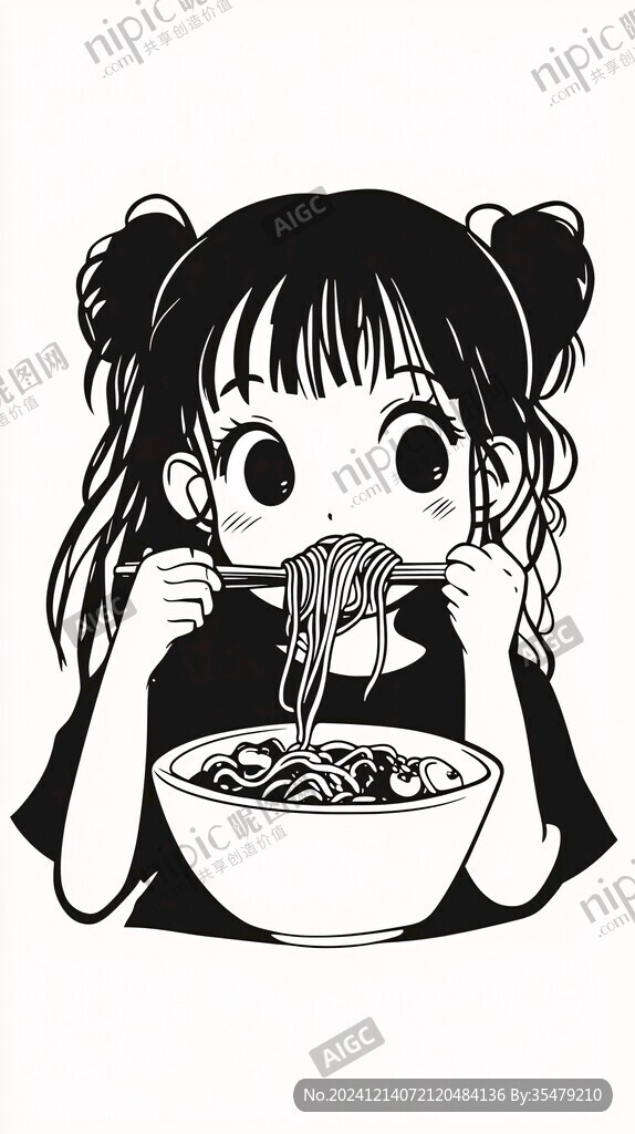 卡通吃面女孩