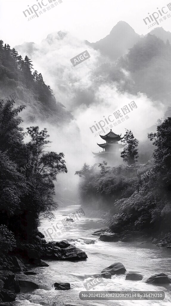 墨韻禪意山水云霧