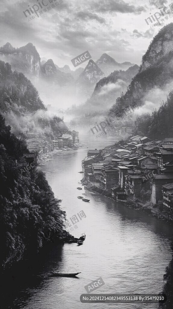湘西黑白風景畫
