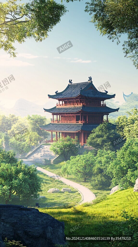 亭臺樓閣綠色背景