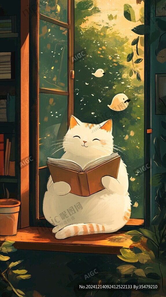 貓咪女生一起看書插畫