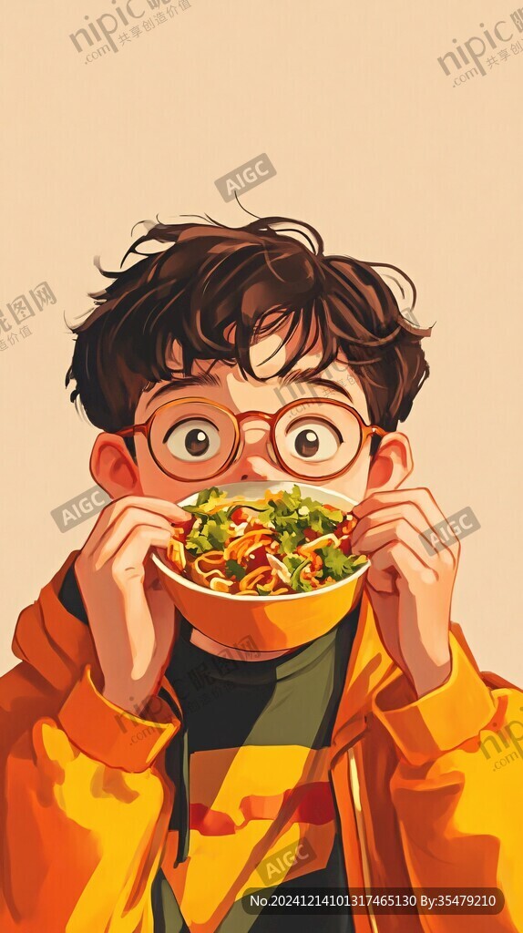 吃螺螄粉的男孩插畫