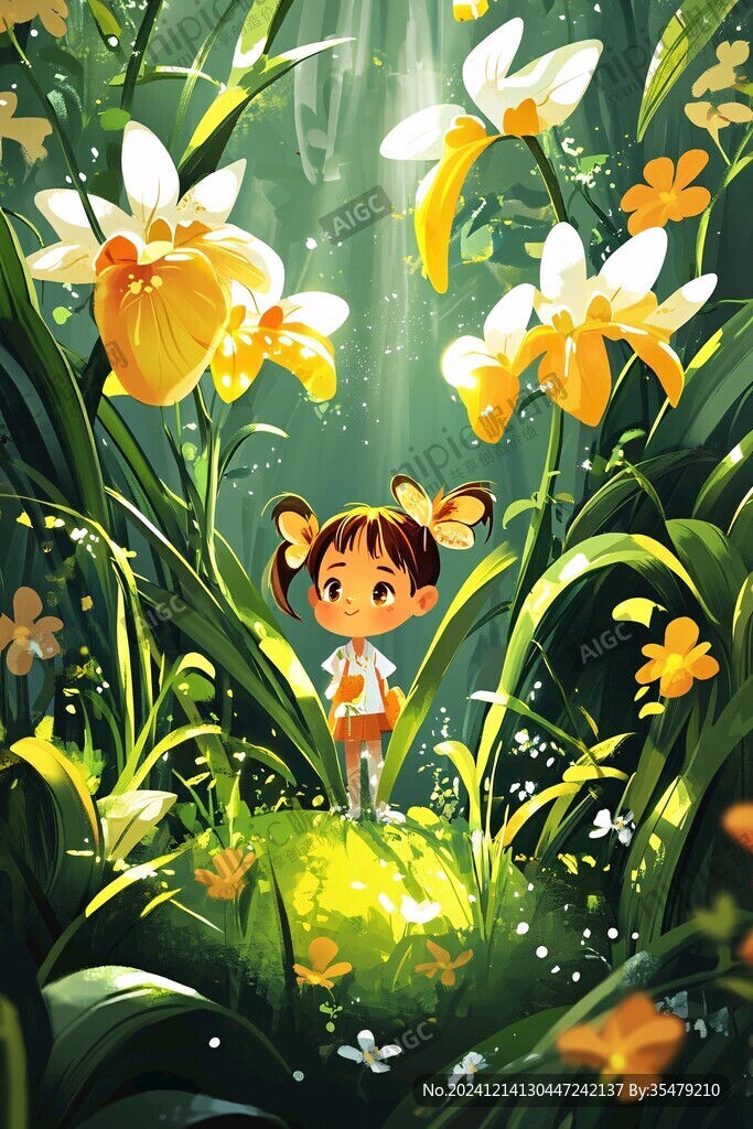 采花的小女孩插畫