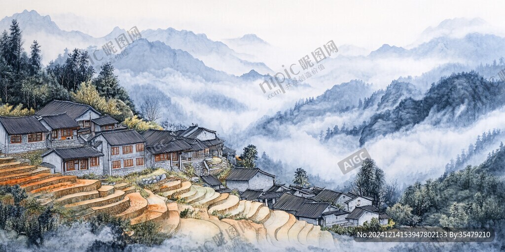 黔東南插畫水墨山水