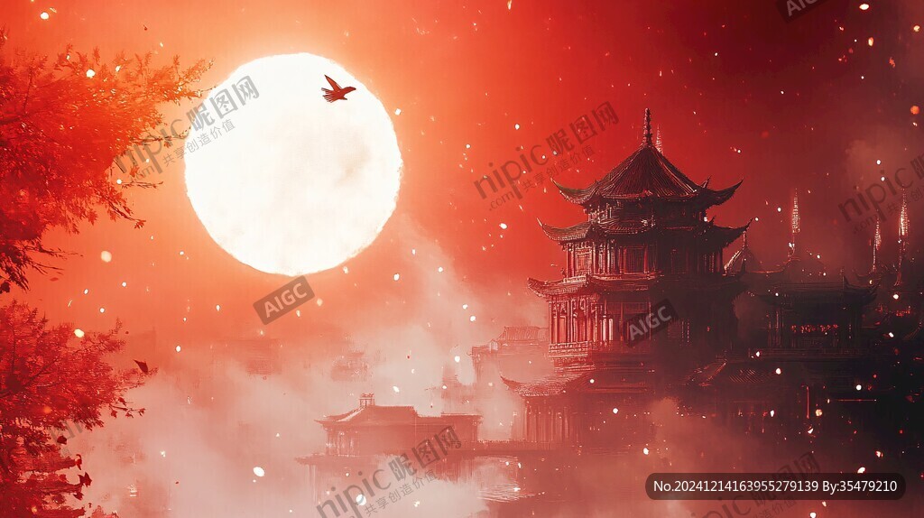 中秋樓閣仙鶴圖
