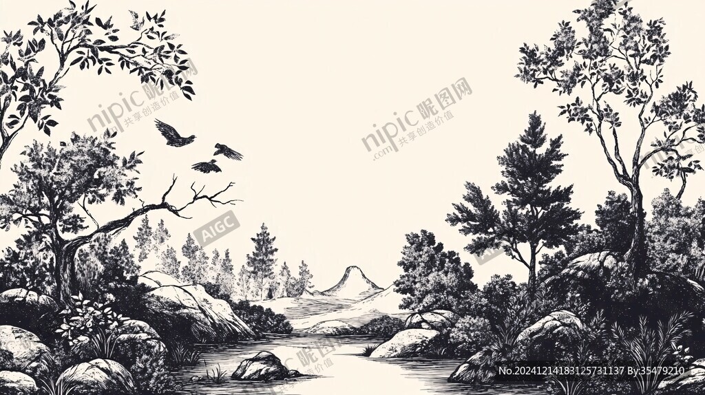 手繪仙鶴海景白描稿