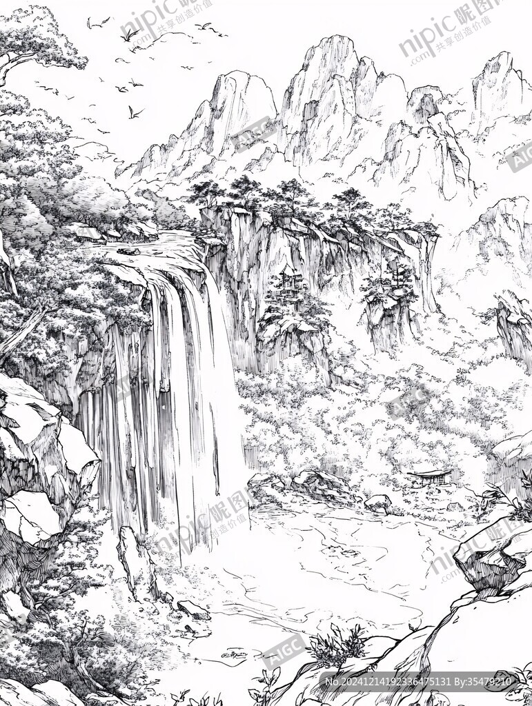手繪山水線稿