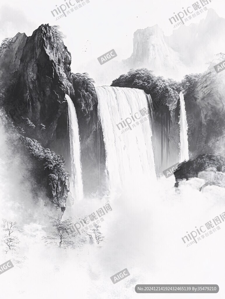 意境水墨山水瀑布