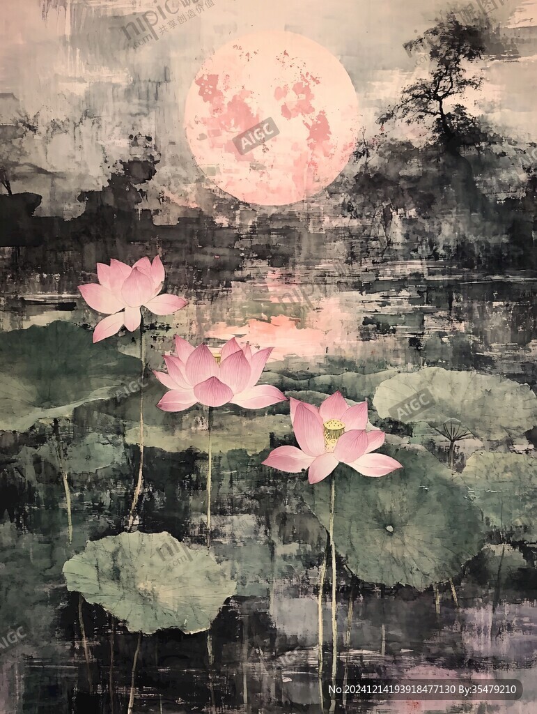 油畫荷塘月色