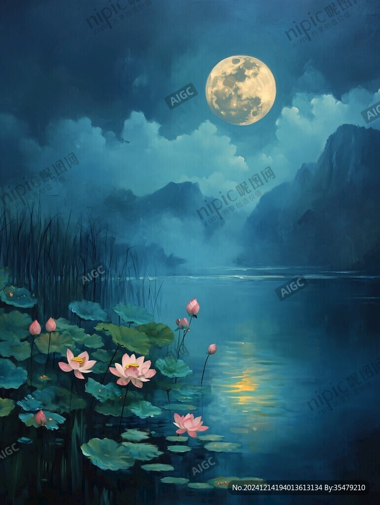 油畫荷塘月色