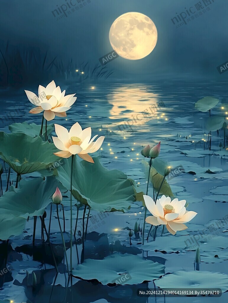 月色中的水浮蓮