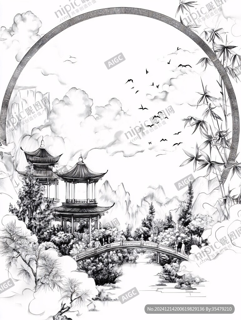 樓閣描線山水背景墻